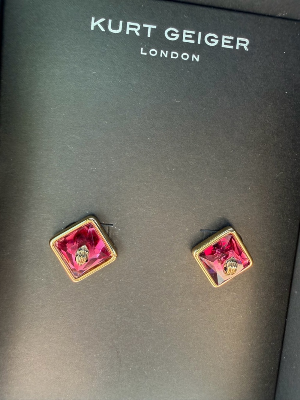 Kurt Geiger Hot Pink Crystal Square Studs with Gold Trim and Eagle Head